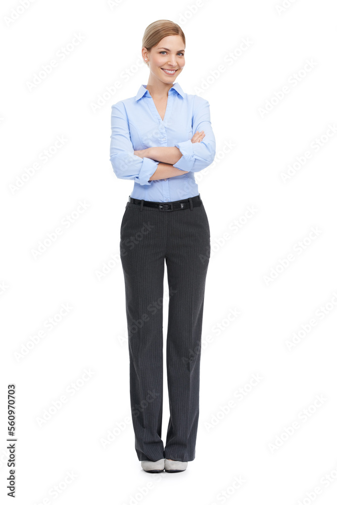 Leadership, business fashion and portrait of woman with smile and motivation for startup success on white background. Corporate fashion, professional confidence and happy woman ceo standing in studio Leadership, business fashion and portrait of woman with smile and motivation for startup success on white background. Corporate fashion, professional confidence and happy woman ceo standing in studio