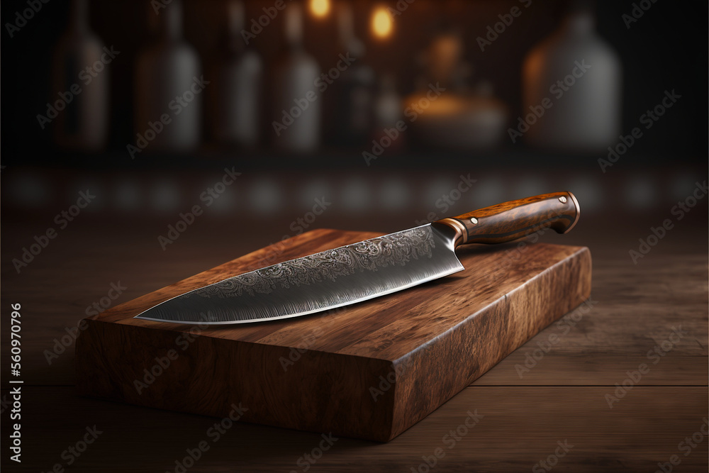 Chef's kitchen knife on a wood butcher block, wooden handle and decorative sharp cutting blade, generative AI - obrazy, fototapety, plakaty 