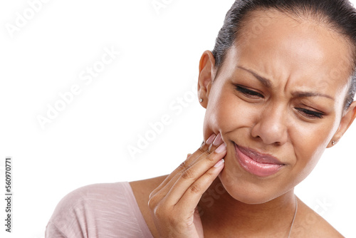 Woman, hand and mouth in pain from wisdom teeth, surgery or dental emergency against a white studio background. Isolated female suffering from painful oral, gum or tooth injury on white background photo