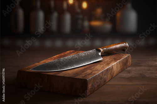 Chef's kitchen knife on a wood butcher block, wooden handle and decorative sharp cutting blade, generative AI photo