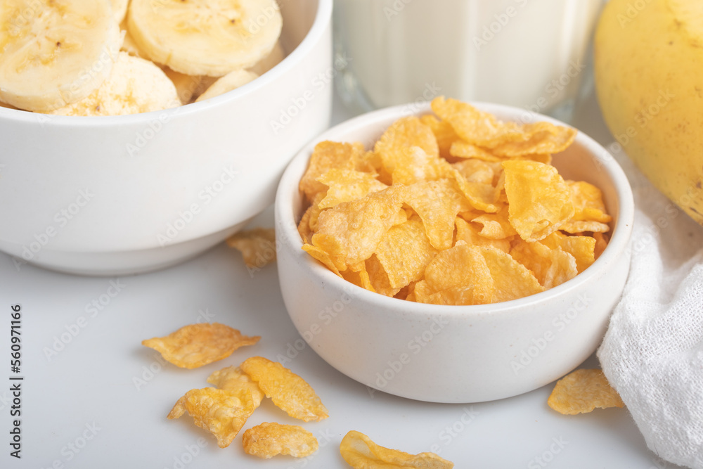 Cornflakes breakfast, banana, fresh milk, healthy food Cornflakes breakfast, banana, fresh milk, healthy food