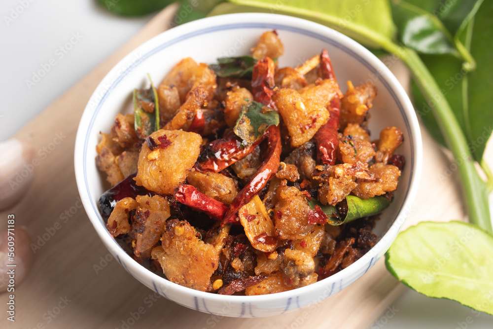 Spicy fried pork crackling chili paste. Thai food. Spicy fried pork crackling chili paste. Thai food.