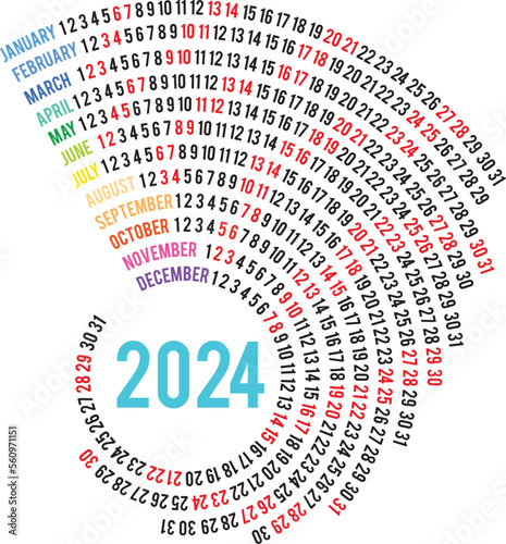 2024 Calendar year vector illustration. Creative and colourful calendar vector