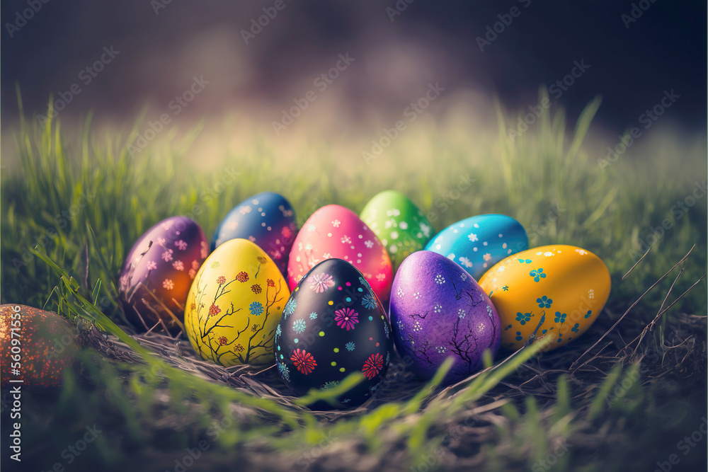 Easter eggs poster background for greeting celebrated in easter day. Generative AI