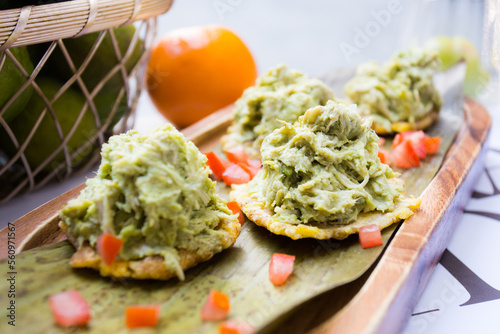 Patacón breakfast. The patacón, tostón, tachino or frito is a meal based on fried flattened pieces of green plantain, traditional in the cuisine of several Latin American countries.