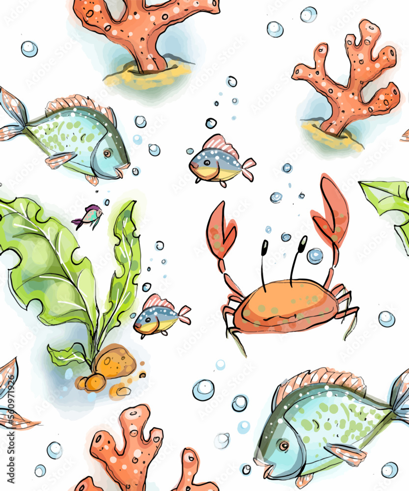 Obraz premium A color clipart on a light or transparent background from a sea set, a boat, a crab, a chest of gold, seagulls, an island, coral and sea fish.