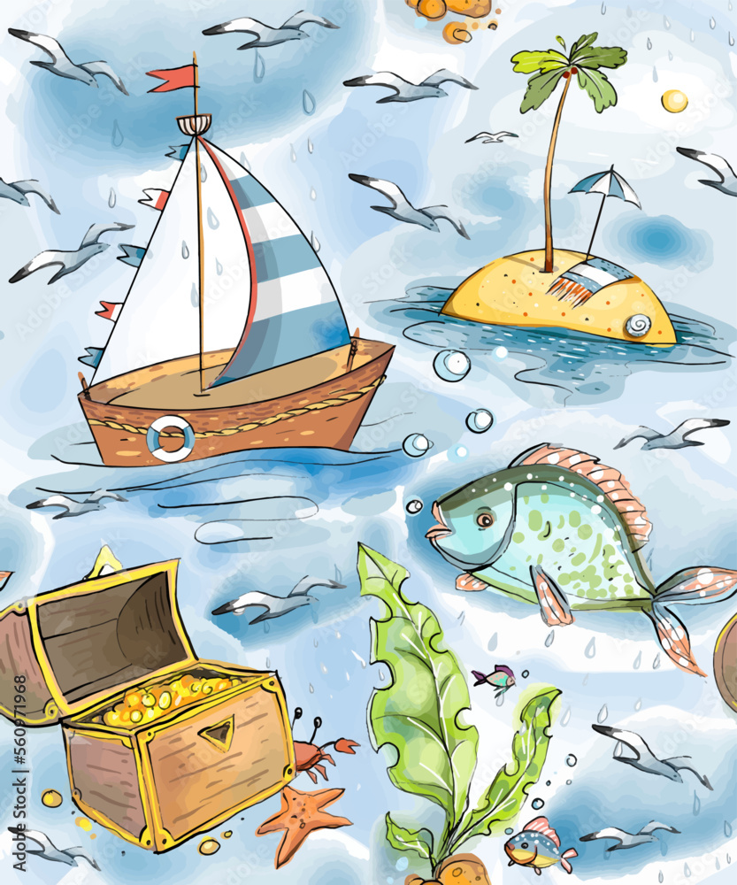 Naklejka premium A color clipart on a light or transparent background from a sea set, a boat, a crab, a chest of gold, seagulls, an island, coral and sea fish.