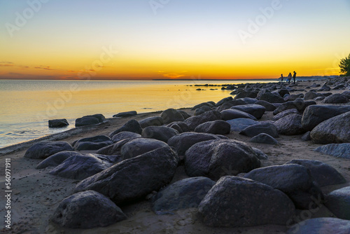 The Gulf of Finland with a stone shore at sunset in the resort area of St. Petersburg.