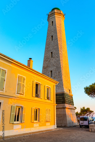 Le Phare Lighthouse at southern rocky shore of Cap Ferrat cape at French Riviera of Mediterranean Sea in France