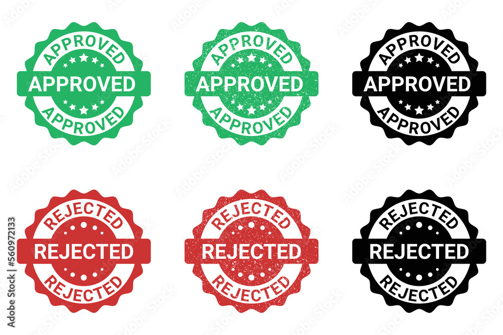 Approved and Rejected badge stamp in normal, grunge and icon style 
