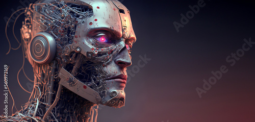 Portrait of cyborg robot head. Generative AI	
 photo