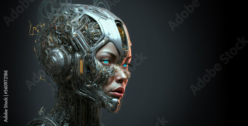 Portrait of cyborg robot head. Generative AI 