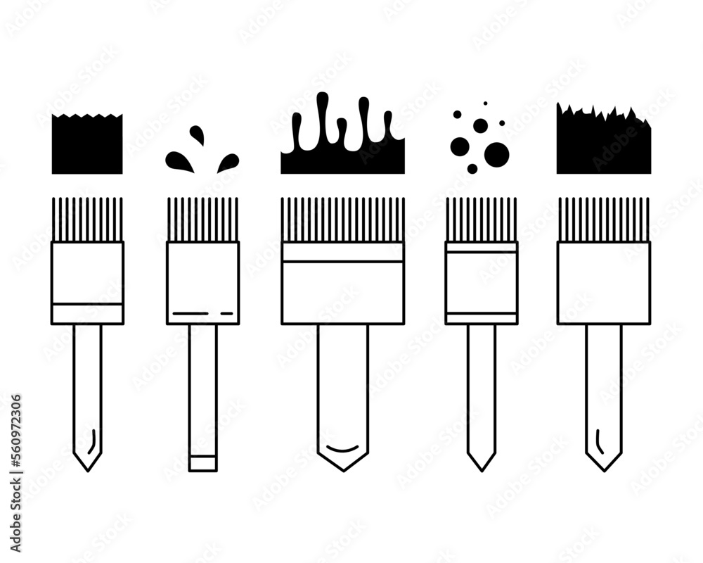 Painting tools. Samples of paint, drips and drops. Set of outline icons. Vector illustration. Line drawing of painting brushes. Painting tools. Samples of paint, drips and drops. Set of outline icons. Vector illustration. Line drawing of painting brushes.