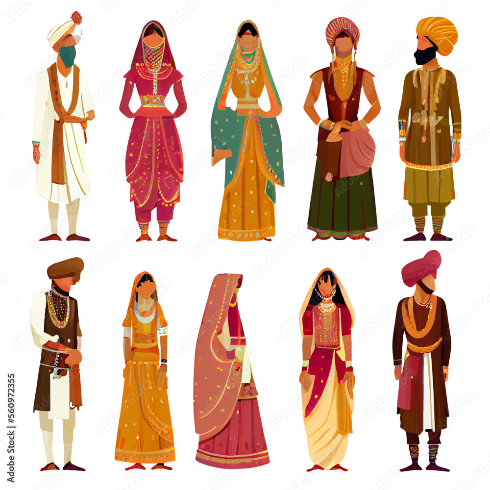 set vector illustration of indian people in traditional clothes isolated on white background