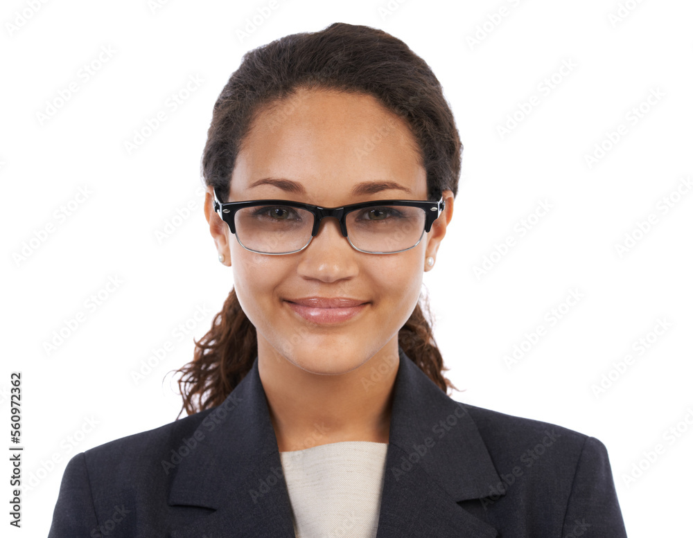 Portrait, business or black woman with glasses, smile or ceo isolated on white studio background. African American female entrepreneur, consultant or leader with eyewear, confident or company manager