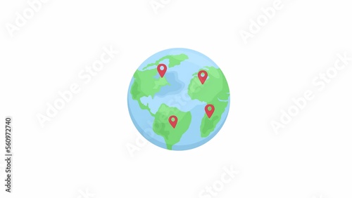 Animated earth with red pins. Round-the-world trip. Traveling. Flat cartoon style element HD video footage. Color illustration on white background with alpha channel transparency for animation photo