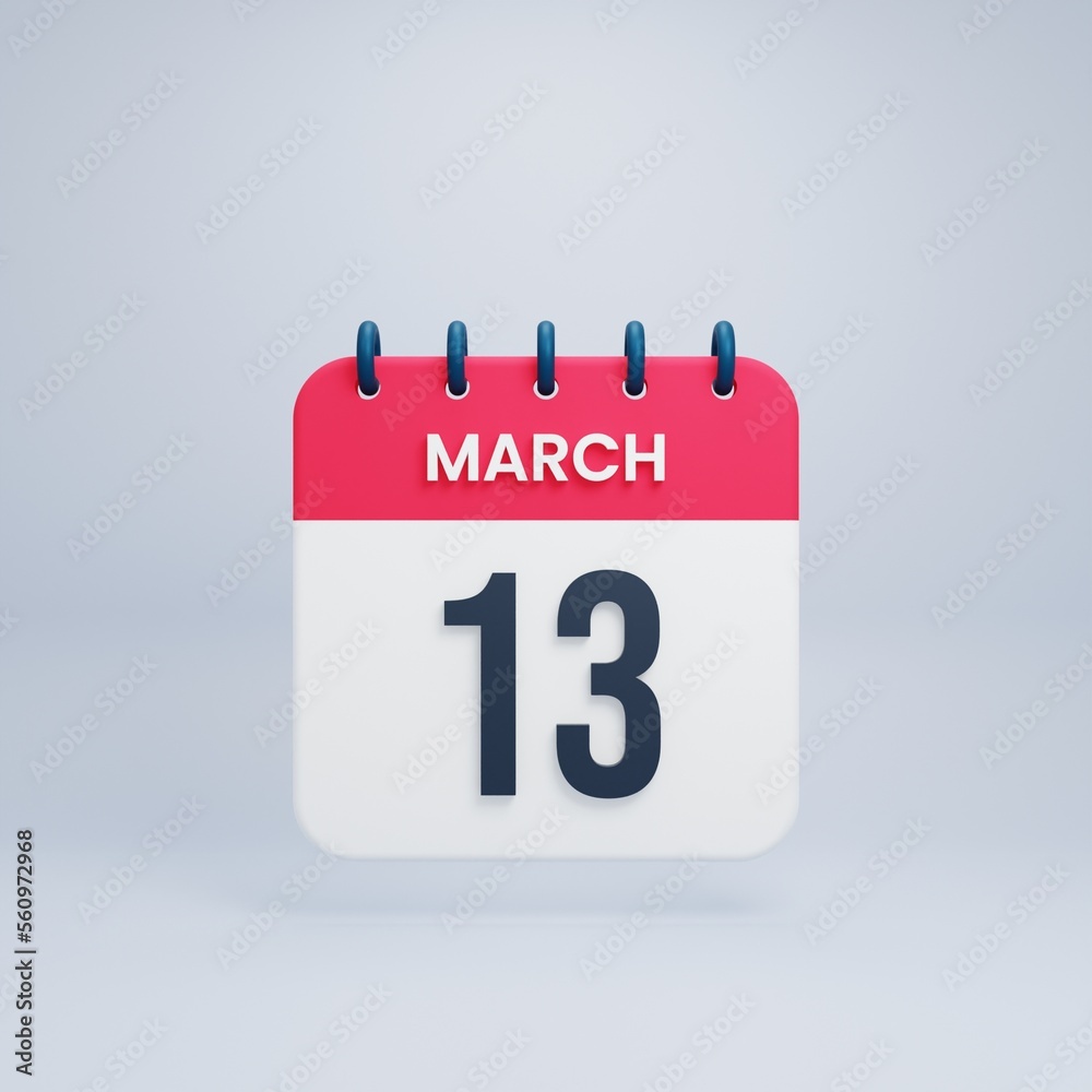 March Realistic Calendar Icon 3D Illustration Date March 13 March Realistic Calendar Icon 3D Illustration Date March 13