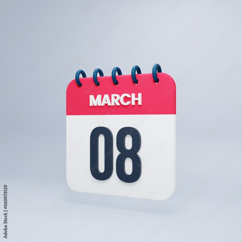 March Realistic Calendar Icon 3D Illustration Date March 08