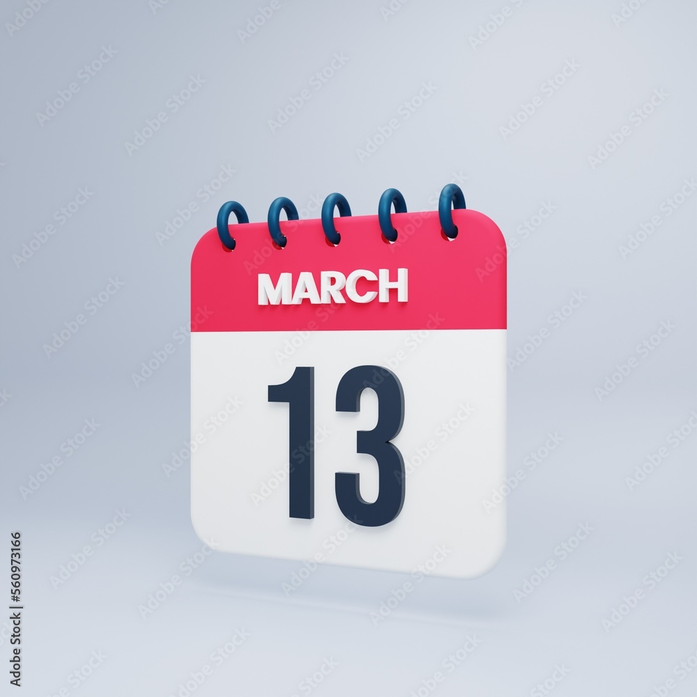 March Realistic Calendar Icon 3D Illustration Date March 13 March Realistic Calendar Icon 3D Illustration Date March 13