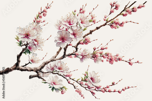 Cherry sakura flowers blossom in full bloom on a cherry tree branch, fading in to white illustration
