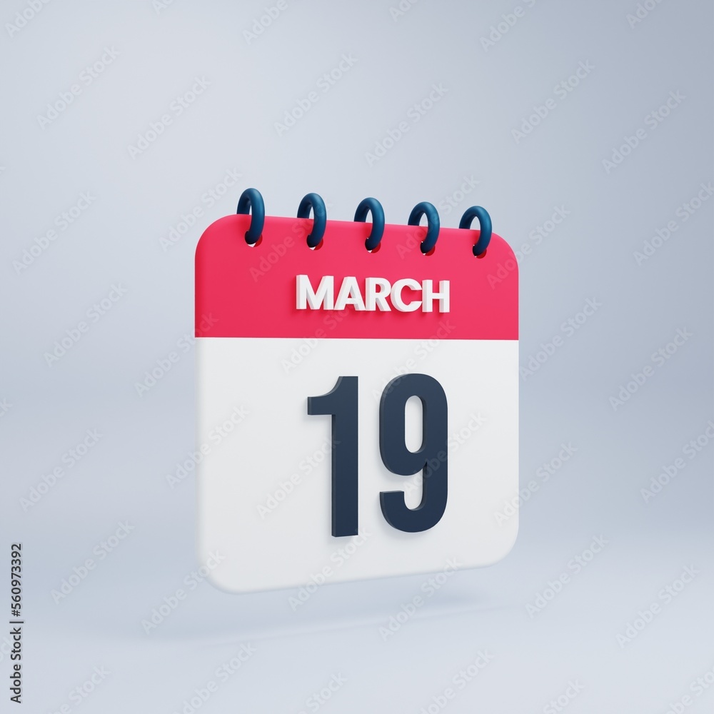 March Realistic Calendar Icon 3D Illustration Date March 19 March Realistic Calendar Icon 3D Illustration Date March 19