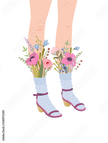 Isolated illustration of female legs with flowers. Concept for International Women s Day and other