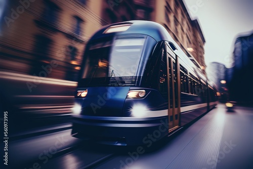 Modern electric tram or city train riding at the street of the city. Blurred in motion. Generative art