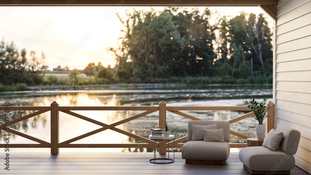 Beautiful and comfortable cottage balcony with beautiful pond and nature view