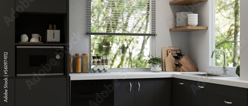 Modern black and white kitchen with cabinet and cupboard  microwave  kitchenware  sink