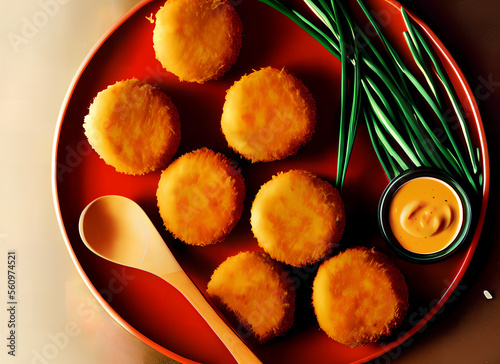 Des croquettes de viande panées et frites sur un assiette rouge accompagnée d'une sauce pour tremper photo