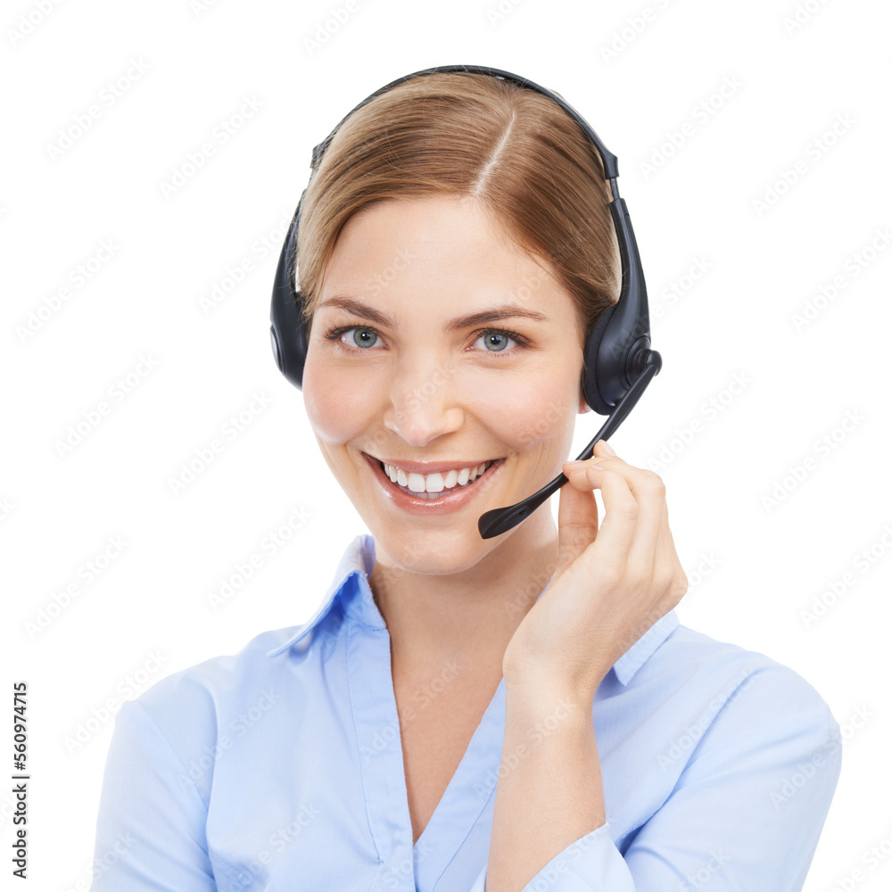 Customer service, face and portrait of woman at call center in studio isolated on white background. Crm, contact and smile of happy female telemarketing worker, consultant or sales agent from Canada. Customer service, face and portrait of woman at call center in studio isolated on white background. Crm, contact and smile of happy female telemarketing worker, consultant or sales agent from Canada.