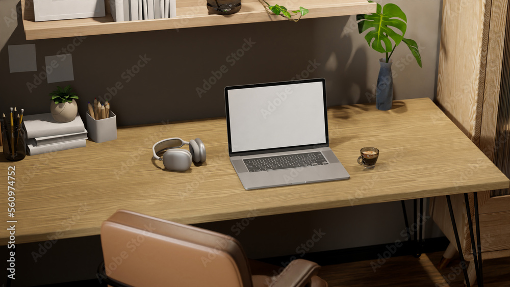Comfortable home working space with notebook laptop mockup and decor on wooden desk Comfortable home working space with notebook laptop mockup and decor on wooden desk
