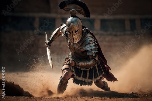 Print op canvas Realistic illustration of a fierce gladiator attacking
