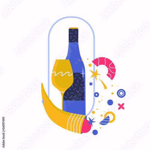 Wine bottle wine glass and cow horn filled with colorful staff representing fertilizer used for growing and manufacturing biodynamic wines. Concept of biodynamic natural wines production