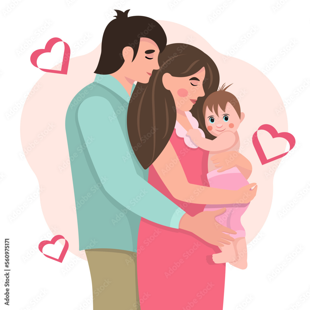 Happy family concept. Concept of warm love. Pregnancy and motherhood. Vector illustration in a flat style. The parents are holding the newborn. Happy family portrait. Happy family concept. Concept of warm love. Pregnancy and motherhood. Vector illustration in a flat style. The parents are holding the newborn. Happy family portrait.