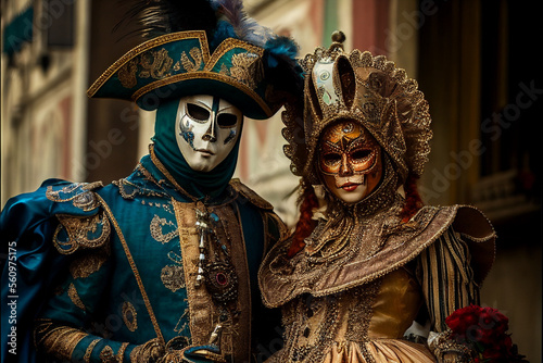 People with carnival mask in Venice. Feast of masks and strange costumes..