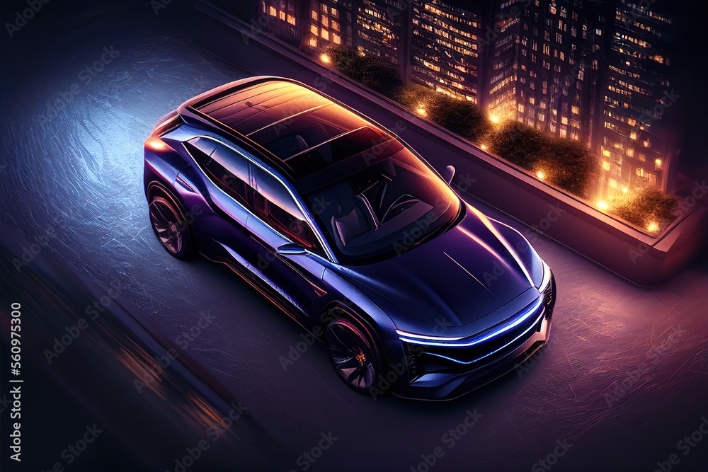 Naklejka premium Aerial view of navy modern electric car in the night. Street lights. Generative art