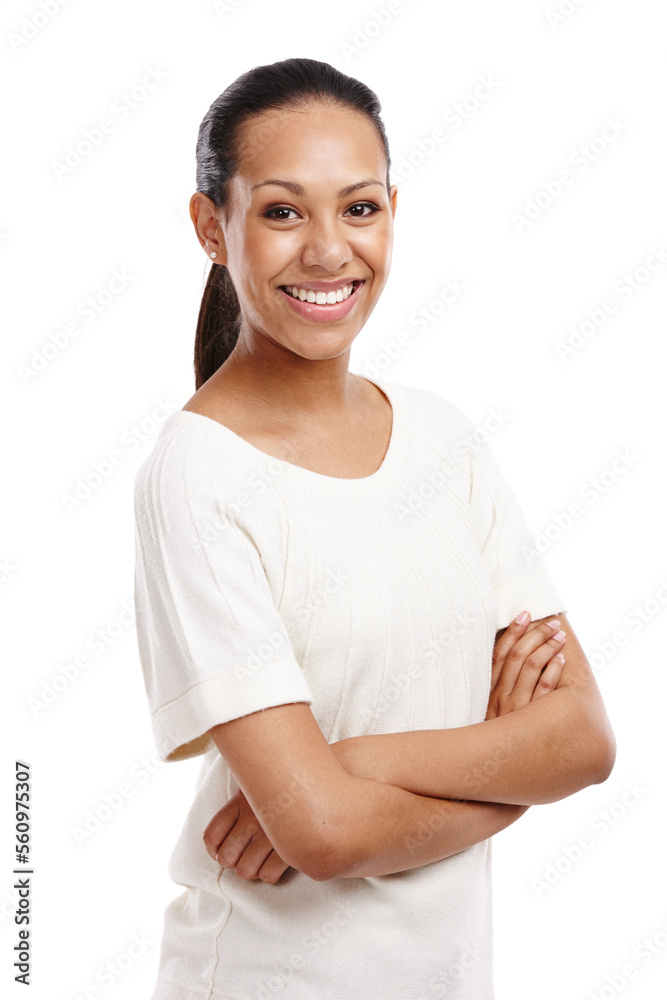 Confident, woman and arms crossed with smile for happy career goals or profile against a white studio background. Portrait of young isolated female model posing with crossed arms in confidence Confident, woman and arms crossed with smile for happy career goals or profile against a white studio background. Portrait of young isolated female model posing with crossed arms in confidence