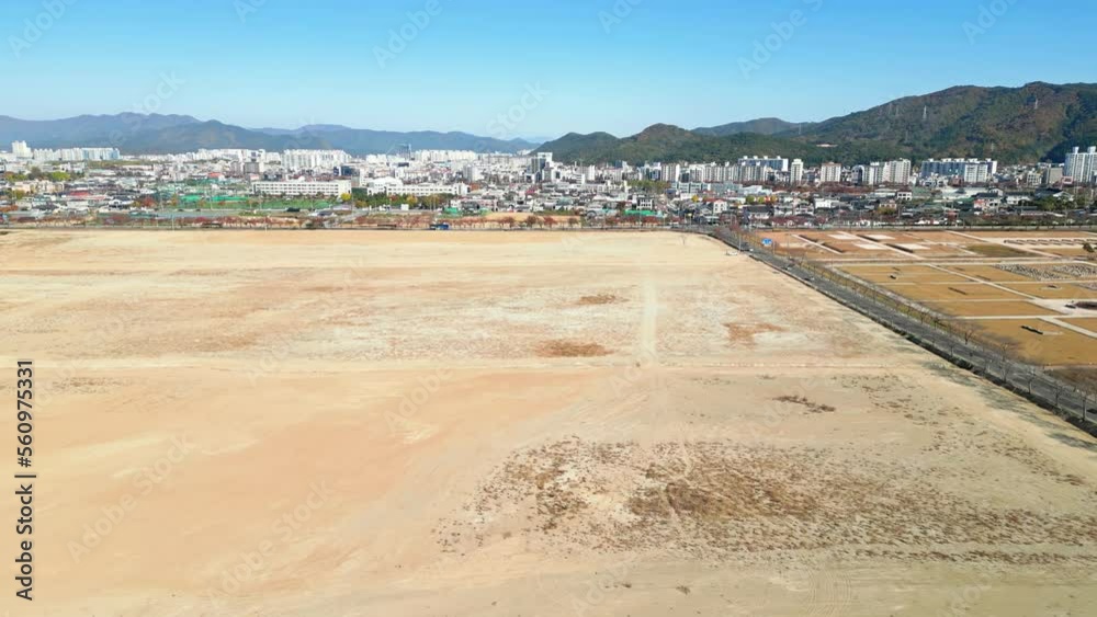 Gyeongju: Aerial view of city in South Korea, trees in autumn colors - landscape panorama of Eastern Asia from above