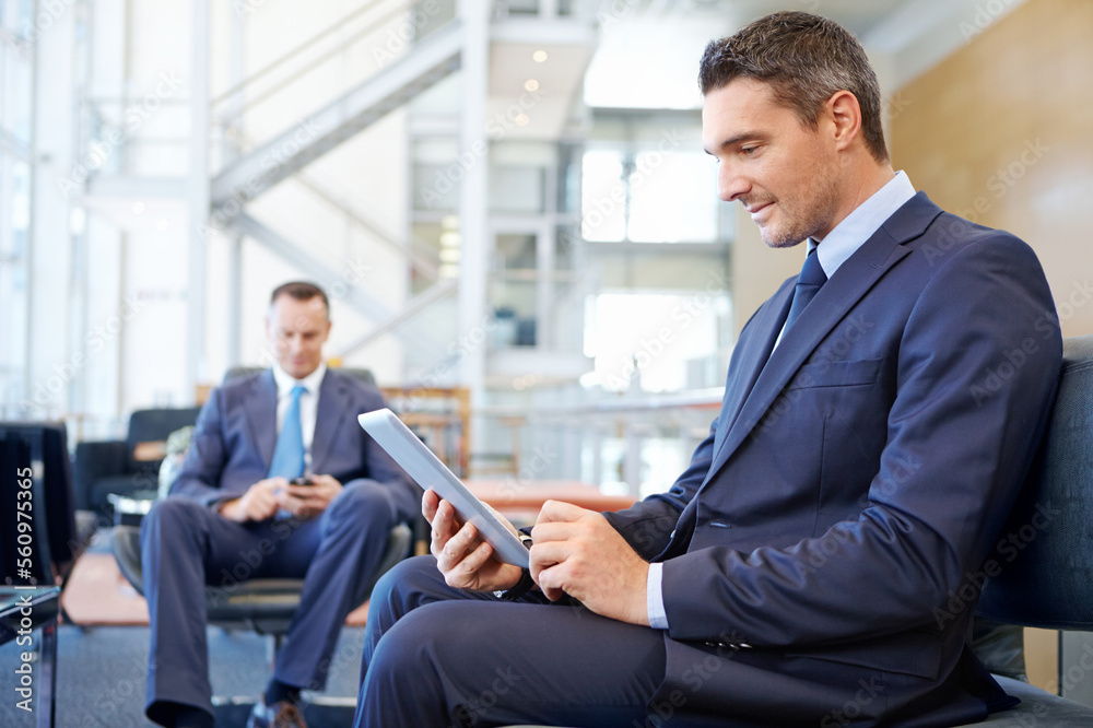 Relax, tablet and networking with businessman in lounge of corporate company for search, internet and contact. Communication, planning and idea with men in lobby for technology, goal and email Relax, tablet and networking with businessman in lounge of corporate company for search, internet and contact. Communication, planning and idea with men in lobby for technology, goal and email
