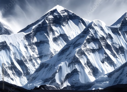 Schroffe, schneebedeckte Berge mit steilen Hängen für Skiabenteuer, Hintergrund mit copy space, generative AI