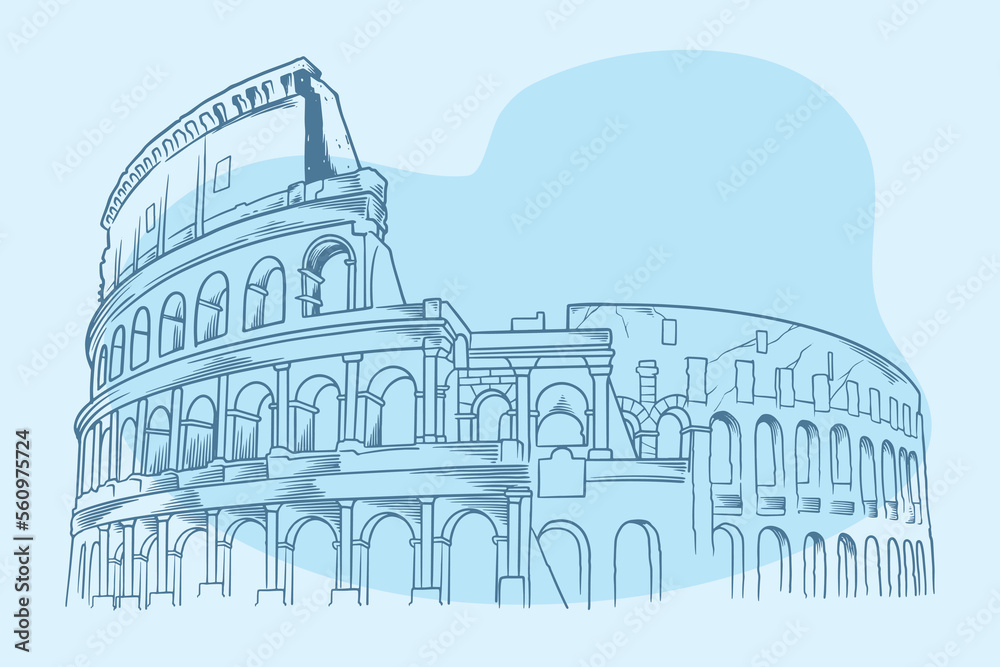 Hand drawn of ancient history building of The colloseum in italy.
