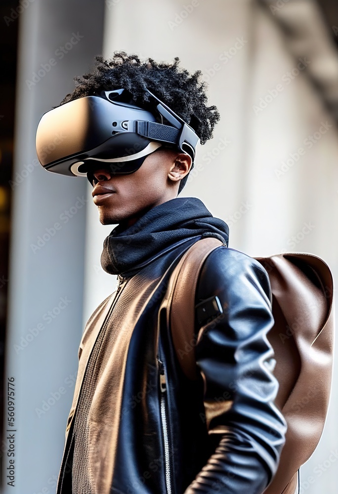 Young man wearing VR helmet at the city street. Photorealistic illustration. Generative art Young man wearing VR helmet at the city street. Photorealistic illustration. Generative art