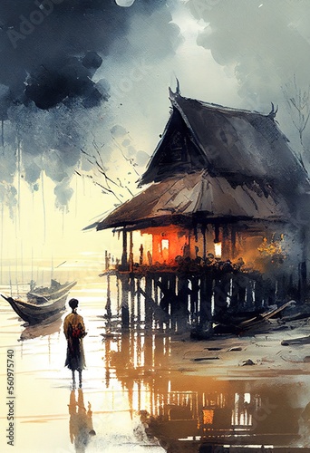 Antique Vietnamese village at the river. Abstract minimalistic painting. Generative art