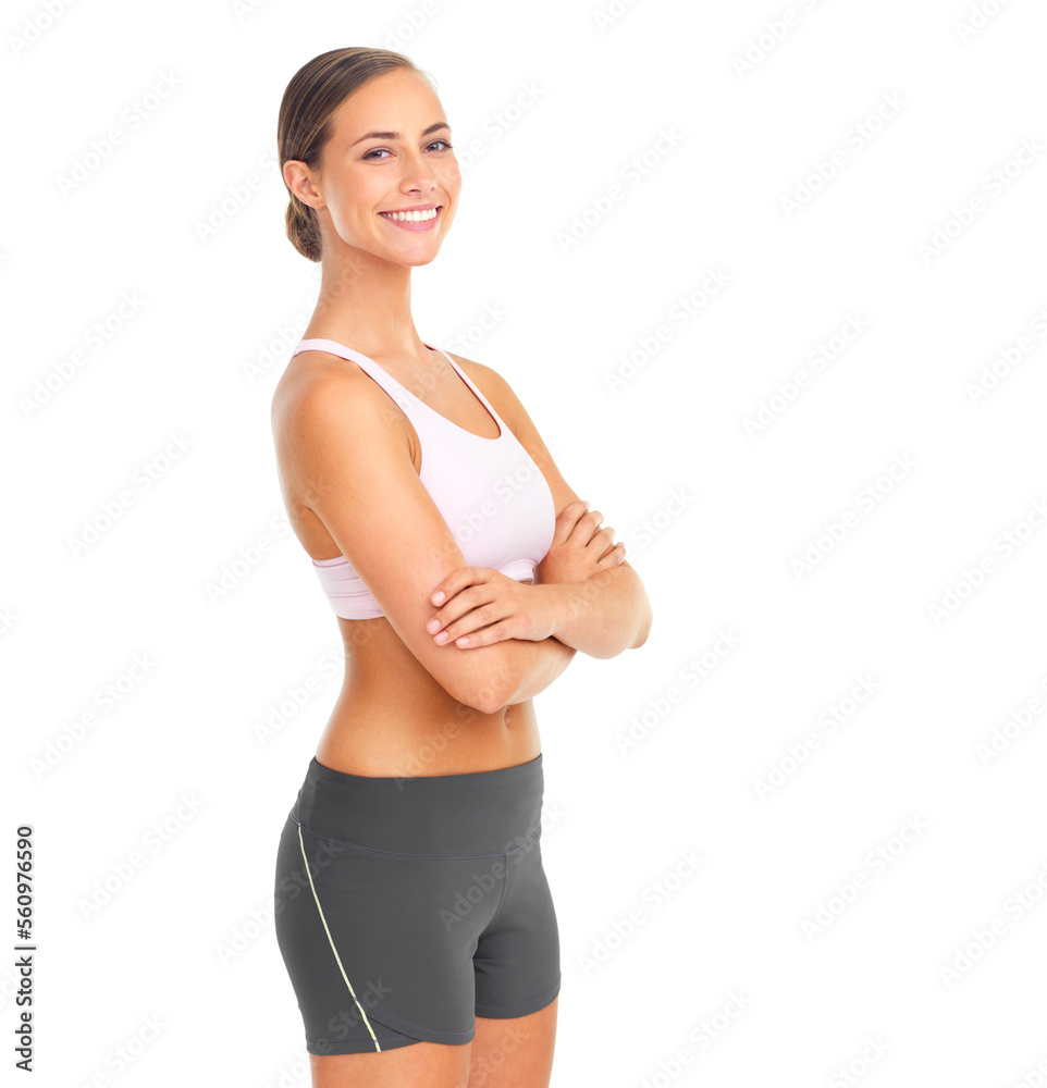 Fitness, portrait and woman with arms crossed in studio ready for workout, exercise or training. Face, sports and confident female athlete preparing for running isolated on a white background mock up
