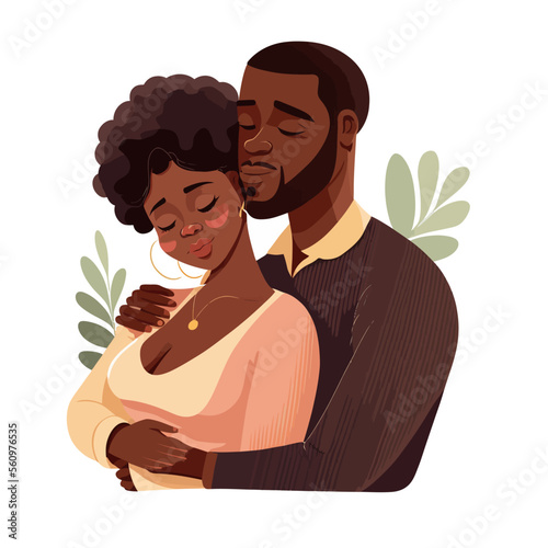 A married couple of a pregnant wife and husband. A black man embraces a woman in love beautiful vector illustration.
