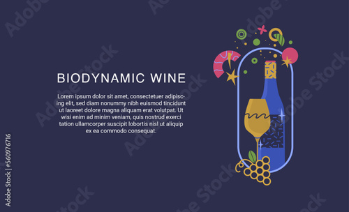 A bottle and a glass of wine in a frame with a grape and  bubbles of different shape representing magic approach under manufacturing of biodynamic wines. Concept of natural and biodynamic wines.
