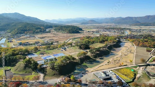 Gyeongju: Aerial view of city in South Korea, trees in autumn colors - landscape panorama of Eastern Asia from above photo