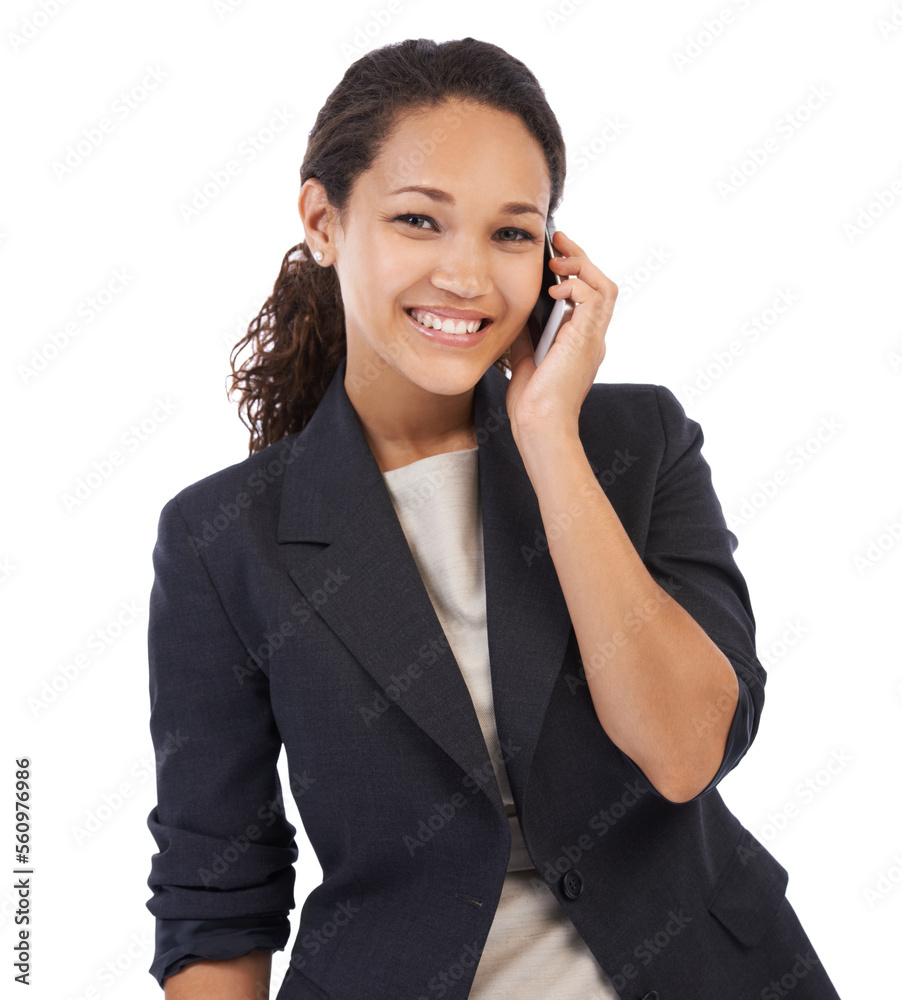 Business call, phone and portrait of a black woman on mobile chat online with a smile. White background, isolated and employee with happiness from marketing success and mobile phone in studio Business call, phone and portrait of a black woman on mobile chat online with a smile. White background, isolated and employee with happiness from marketing success and mobile phone in studio