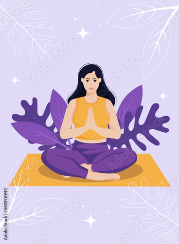 Woman sitting in yoga pose. Mental health awareness month poster